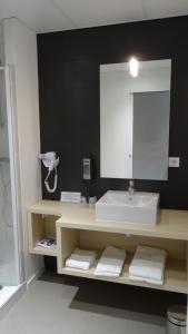 La salle de bains est pourvue d'un lavabo et d'un miroir. dans l'établissement Parc Hôtel Pompadour, à Arnac-Pompadour