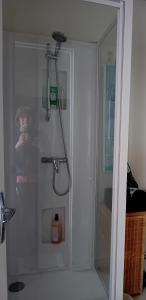 a shower with a glass door in a bathroom at Le jardin pictural de Garance in Chédigny +5 photos