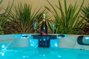 a bottle of champagne in a tub with glasses at Le petit paradis in Orange