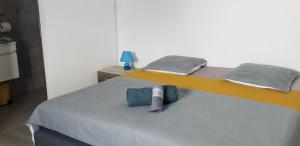 a bedroom with a bunk bed with a blue lamp at Chez Gigi in Petite Île