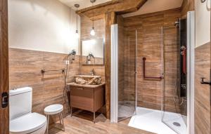 un baño con ducha y WC en La Tienda de Abajo - Apartamentos acogedores con calefacción, parking y vistas al Valle de Soba, en Villar 2 fotos más