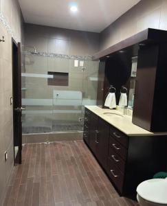 a bathroom with a shower and a toilet and a sink at Casa vacacional in Isla La Piedra