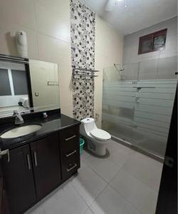 a bathroom with a sink and a toilet and a shower at Casa vacacional in Isla La Piedra