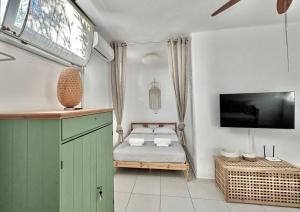a small room with a bed and a tv at Magganari Home Stelida Naxos in Agios Prokopios