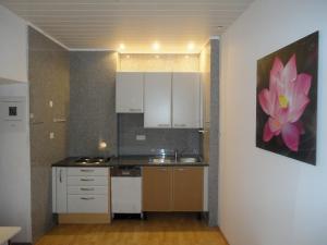 a kitchen with white cabinets and a pink flower on the wall at Rentcenter79 in Vordernberg