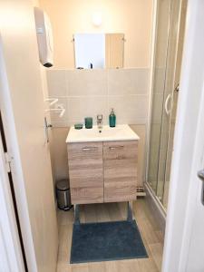 une petite salle de bain avec un lavabo et une douche dans l'établissement Appartement lumineux proche Abbaye & Centre de Caen, à Caen 7 autres photos