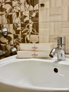 a bathroom sink with two boxes on top of it at Hotel Citywalk Residency in Mangalore +89 photos