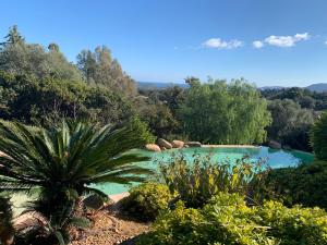ポルト・ヴェッキオにあるChambre Mustang avec piscine Villa CasaEvaの木々や植物が植わる庭園内のスイミングプール