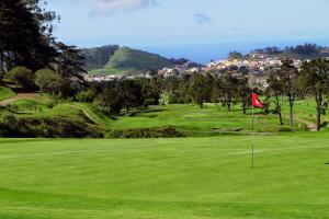 a golf course with a red flag on a green field at ZenRepublic, your private villa with outdoor jacuzzi & pool with stunning ocean views in Puntillo del Sol