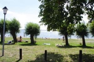 a group of people sitting in a park near the water at Cottages at the Kummerower See Verchen in Verchen
