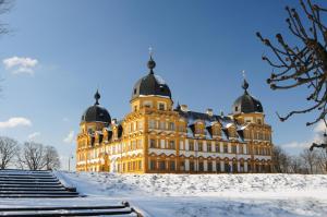 um grande edifício amarelo com cúpulas pretas sobre a neve em Appartement Bamberg am Rathaus em Bamberg