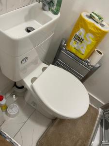 a bathroom with a white toilet and a sink at LONDON CITY AIRPORT, EXCEL & 02 ARENa PROXIMITY HOUSE in London