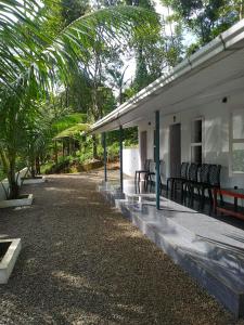 a porch of a white house with chairs and trees at Navaratna Holiday Homestay in Vagamon