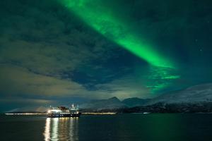 a boat in the water under a green northern lights at 24hrs Northern Lights & Whale Watching Cruise in Tromsø +15 photos