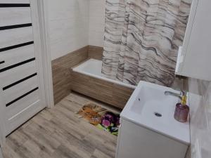 a small bathroom with a shower and a sink at Люкс!Центр! 2 кімнати in Luts'k