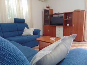 a living room with a blue couch and a tv at Apartment Fran in Postira +33 photos