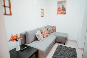 un soggiorno con un divano e un tavolo di Danube Island Apartment 3 a Vienna Altre 35 foto