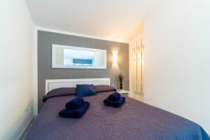een slaapkamer met een groot bed met 2 blauwe kussens bij Apartments Perci in Krnica