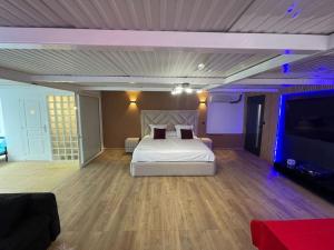 a bedroom with a bed and a flat screen tv at Pool & Chill in Pierrefitte-sur-Seine
