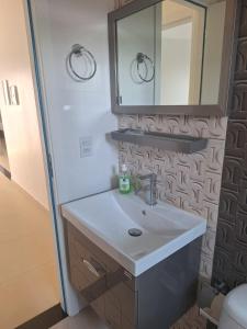 a bathroom with a sink and a mirror at Casa Bourbon in Foz do Iguaçu