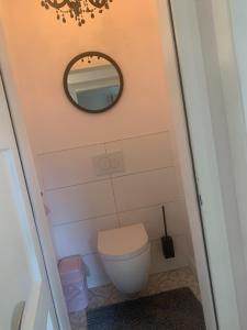 a bathroom with a toilet and a mirror at SternenHimmel Deluxe Studio mit 2 SZ in Gamlitz