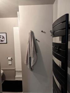 a bathroom with a towel hanging on the wall at La p'tite Lulu in Le Petit Chenevey