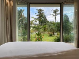 AssiniePalms Resort Assinie Managed by Accor的一间带床和大窗户的卧室