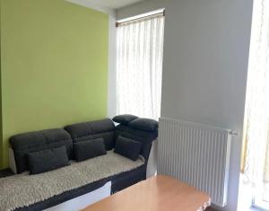 ein Wohnzimmer mit einem blauen Sofa vor einem Fenster in der Unterkunft Apartment Wien in Wien