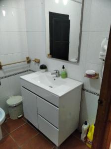 a bathroom with a sink and a mirror and a toilet at Huerta Rocio in Linares de la Sierra