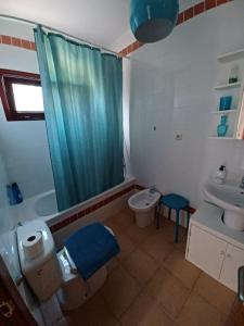 a bathroom with a shower and a toilet and a sink at Villa KITE KATE, cozy space, house and garden in La Oliva