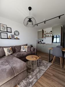 科帕奥尼克Apartman TRAMONTO Kopaonik的客厅里有一张沙发和一张桌子。