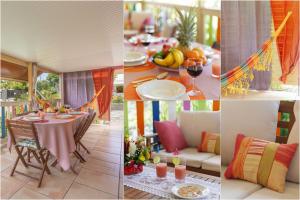 a collage of four pictures of a dining room with a table at Villa Cocotier in Sainte-Anne