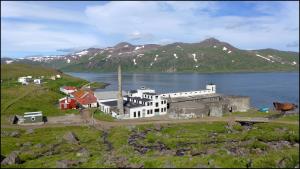 un vieux bâtiment sur une colline à côté d'une masse d'eau dans l'établissement Hótel Djúpavík, à Djupavik