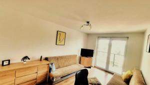 Una sala de estar con un sofá y un televisor. en Focus apartment, en Lublin