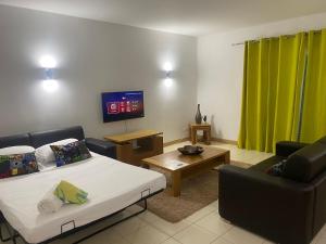 a room with a bed and a couch and a tv at Mi Casa és Su Casa in Prainha