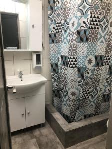 a bathroom with a sink and a shower curtain at Casa Elena in Constanţa