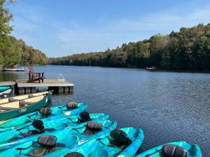 a group of kayaks parked at a dock on a lake at Merle Bleu in Wentworth +29 photos