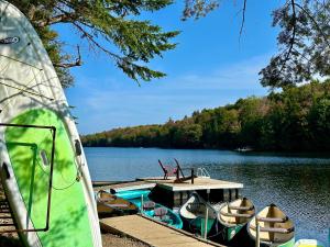 a dock with boats parked on a lake at Merle Bleu in Wentworth