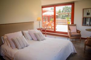 1 dormitorio con 1 cama con almohadas y patio en Casa Santa Fe De La Villa, en Villa de Leyva