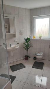 a bathroom with a sink and a toilet and a window at Hehlentor-City Gäste Wohnung in Celle