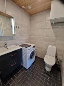 a bathroom with a washing machine and a toilet at Metto apartment in Äkäslompolo