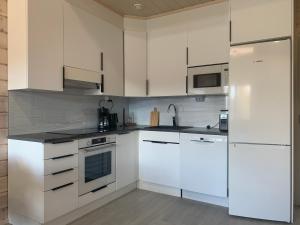 a white kitchen with white cabinets and appliances at Metto apartment in Äkäslompolo