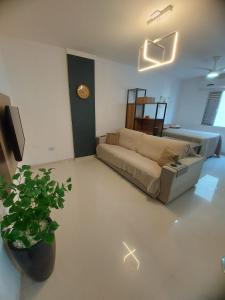 a living room with a couch and a potted plant at Apartamento Estúdio em Caraguatatuba com Garagem in Caraguatatuba +17 photos