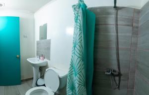 a bathroom with a shower and a toilet and a sink at Puna Hostel in San Pedro de Atacama +66 photos