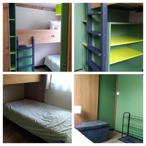 a collage of pictures of a bedroom and a bunk bed at chalet in Onesse-et-Laharie