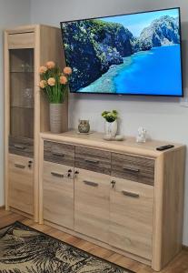 a wooden entertainment center with a tv on a wall at APARTAMENT MAJA - centrum, parking in Kudowa-Zdrój