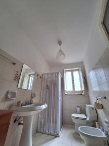 a bathroom with a sink and a toilet and a shower at Casa Vacanze Geppy e Minù Gole Alcantara in Motta Camastra