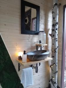a bathroom with a sink on a wooden wall at Na kopčoku, zážitkový pobyt in Šula