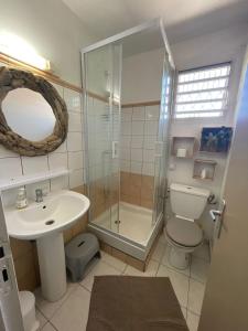 a bathroom with a shower and a toilet and a sink at Villa Tropicale Évasion in Baie-Mahault
