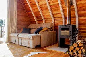 a living room with a couch and a wood stove at Cabana Snowflake Urubici in Urubici
